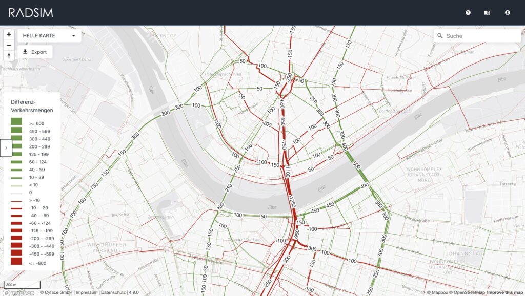 Simulation von Radverkehrsströmen in Dresden nach Wegfall der Carolabrücke mit RadSim